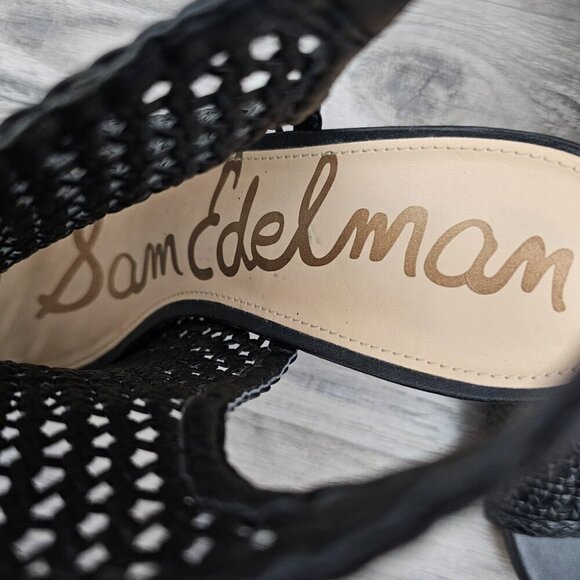 Sam Edelman Evie Basket Weave Open Toe Sling Back Black Block Heel Sandal - Picture 10 of 13